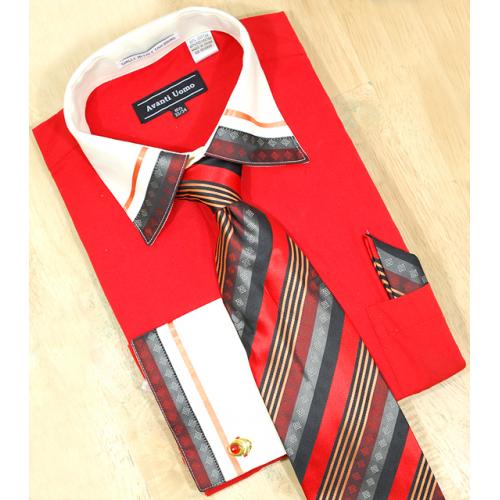 Avanti Uomo Red / Cream With Embroidered Design Shirt/Tie/Hanky Set DN41M
